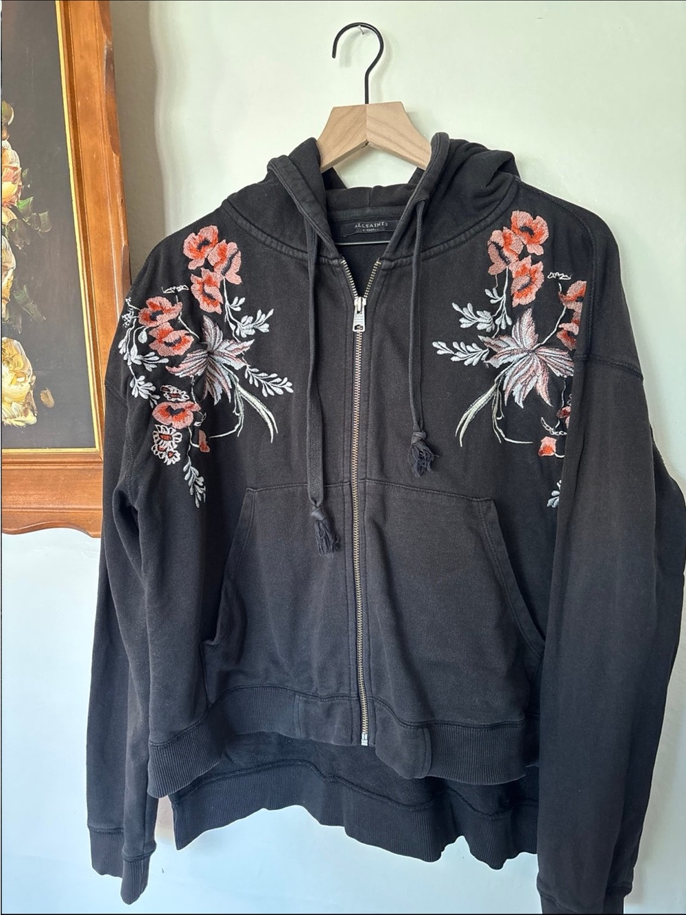 All Saints Embroidered Floral Zip Hoodie Jacket - Black